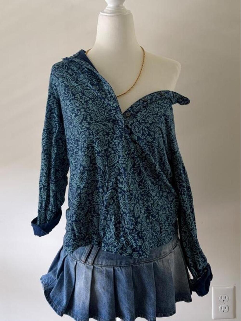 Y2K Blue Paisley Henley Top | Boho Fairycore Long Sleeve Cottagecore Blouse 🦋